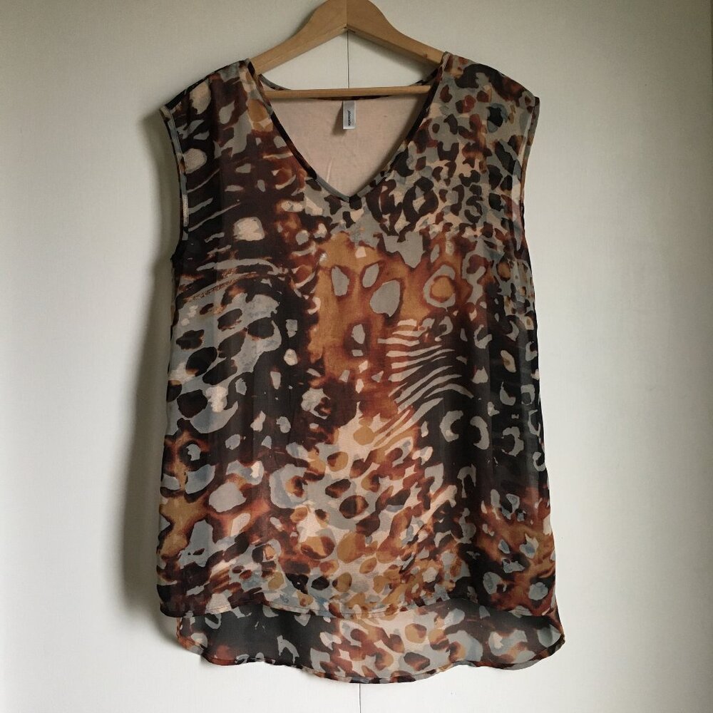 Sleeveless V-Neck Animal Print Tank Top - Brown Multi